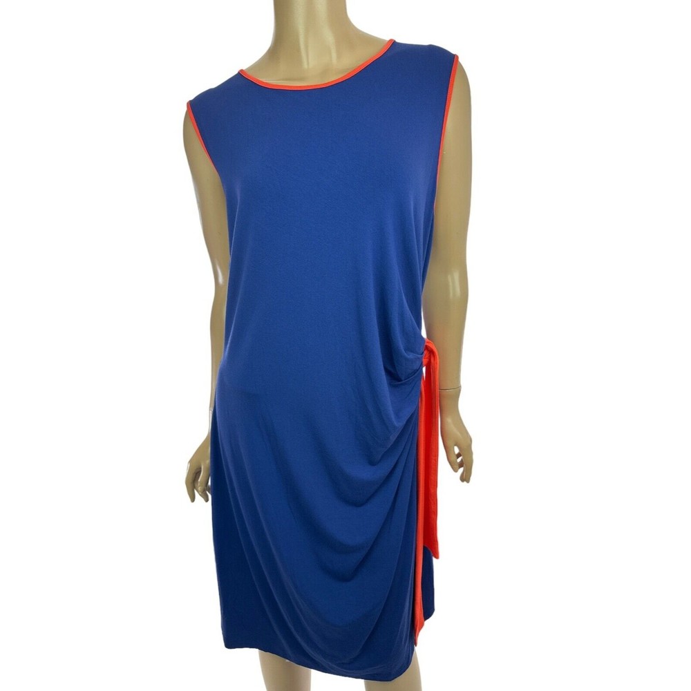 Saint Tropez West Sleeveless Sheath Dress Sz 2X Blue w Orange Trim Rayon/Spandex